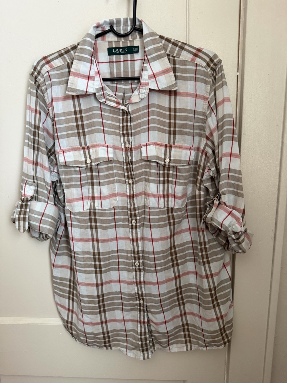 Ralph Lauren Beige, White & Pink Plaid Button-Up Shirt